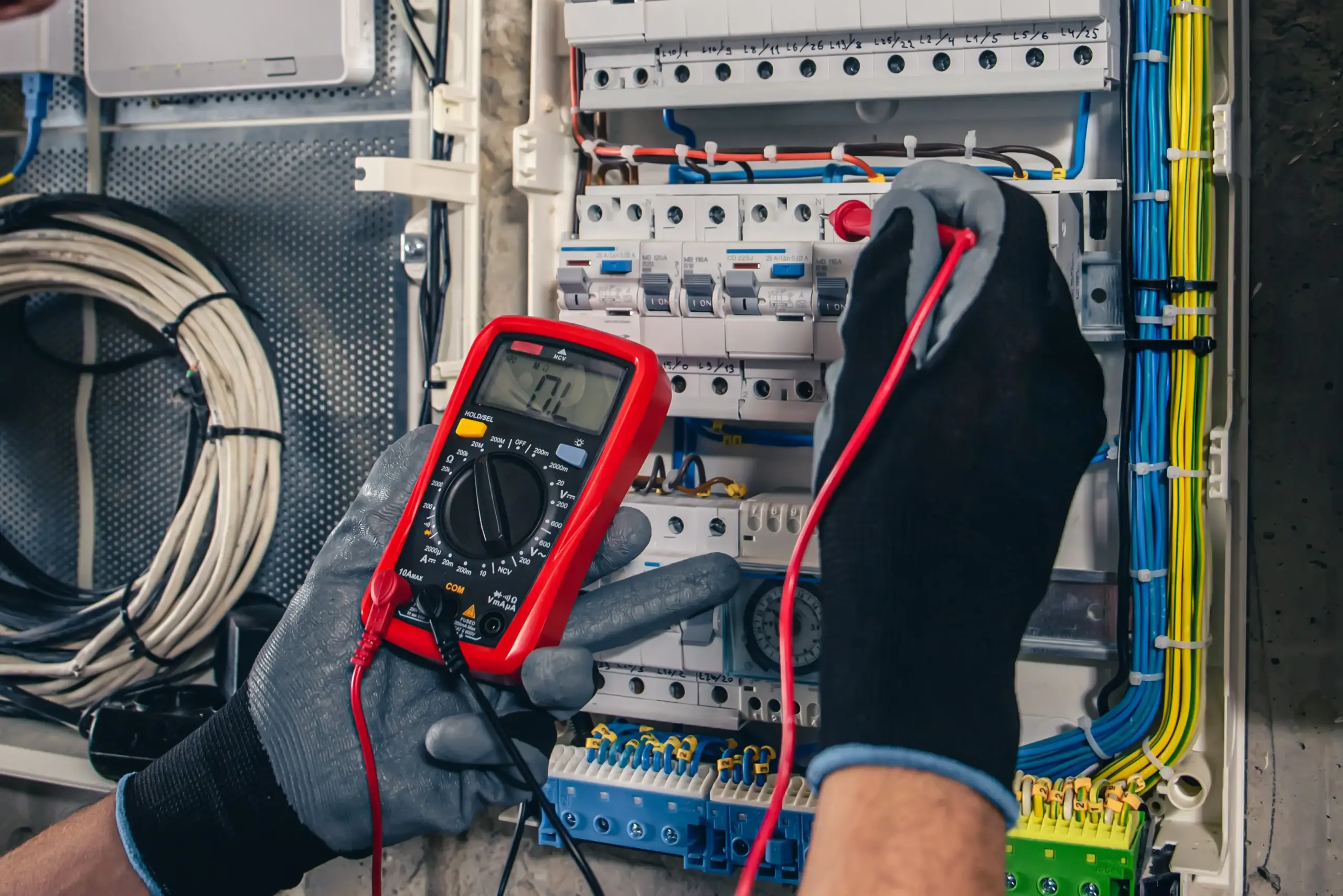 man electrical technician working switchboard with fuses 1 scaled scaled